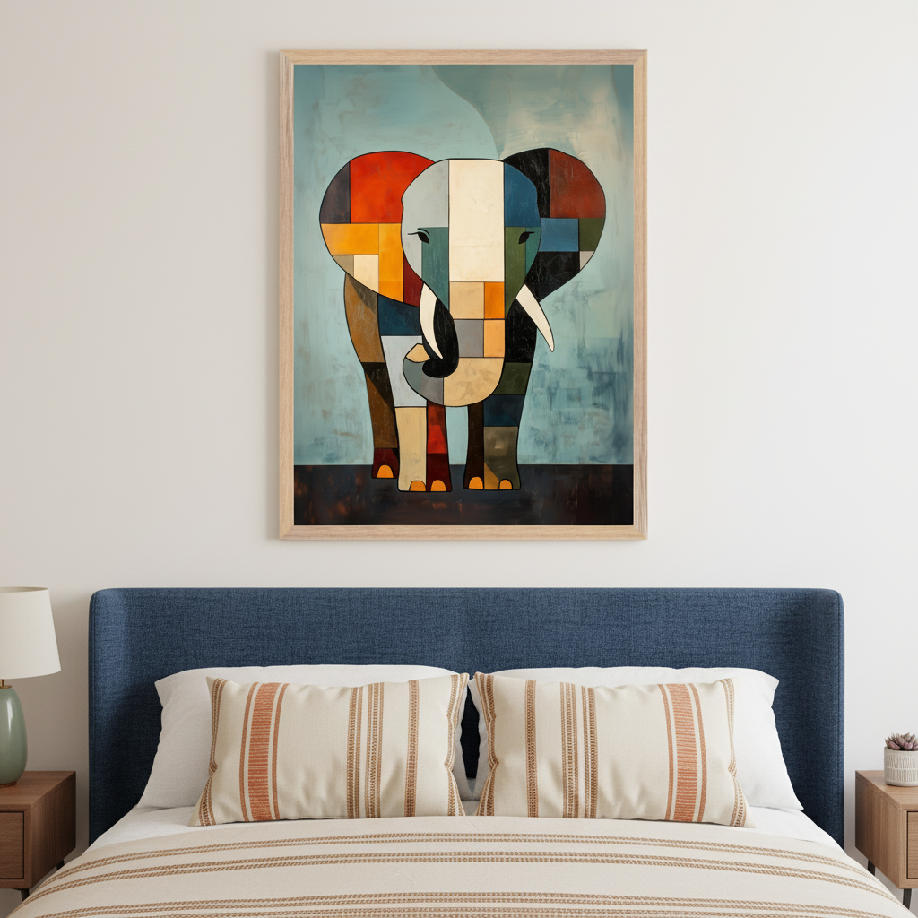 Modern bedroom with a blue upholstered bed. A large framed abstract geometric elephant painting in colorful blocks hangs centered above the bed. Wooden nightstands are partially visible.