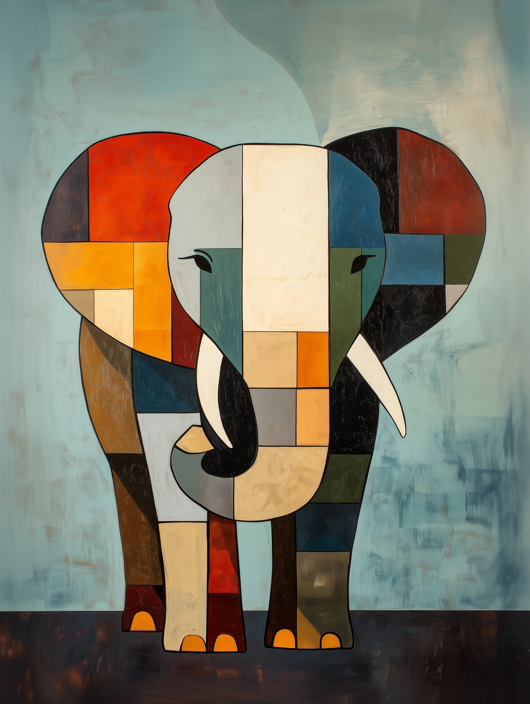 Colorful geometric artwork of a full elephant composed of squares and rectangles in a wide mix of colors, standing against a soft teal backdrop. The playful, puzzle-like design is bold and contemporary.