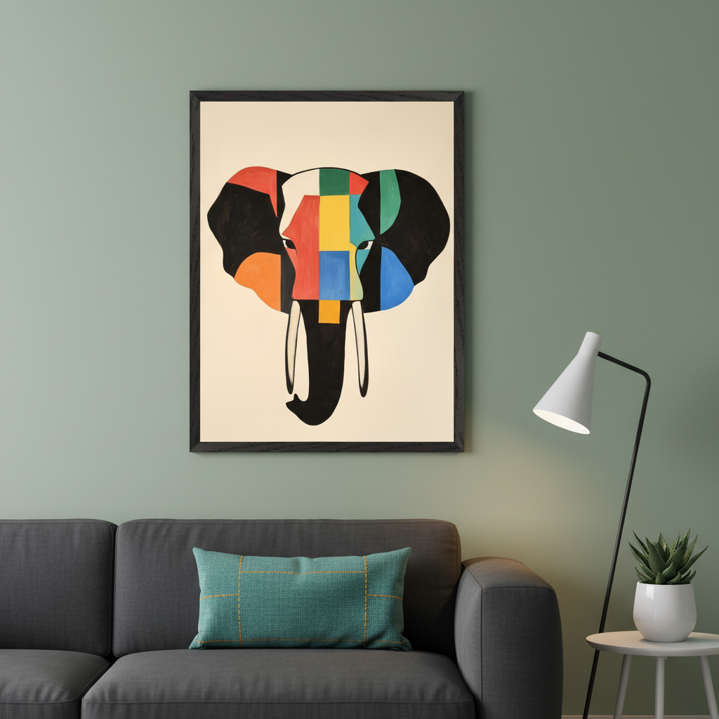 Modern living room with a dark gray sofa. A large framed abstract art of an elephant head, composed of colorful geometric blocks, hangs centered above the sofa. A white floor lamp and potted plant are visible to the right.
