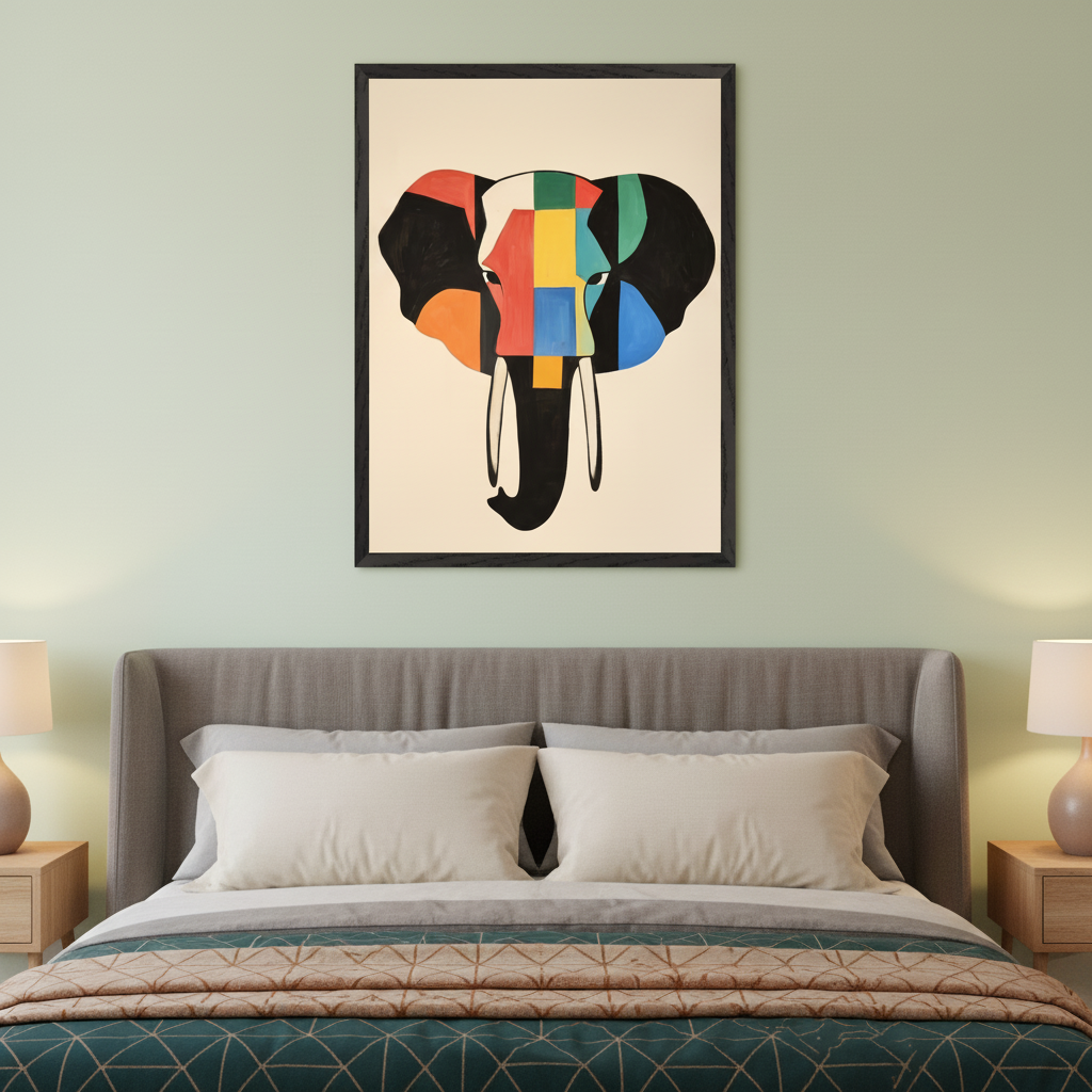 Modern bedroom with a grey upholstered bed and two nightstands. A large framed abstract painting of a colorful, geometric elephant head hangs centered above the bed on a light green wall.