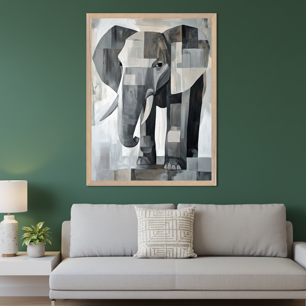 Modern living room with a light gray sofa and a white side table with a lamp. A large, framed abstract gray and white elephant painting hangs centered above the sofa on a green wall.