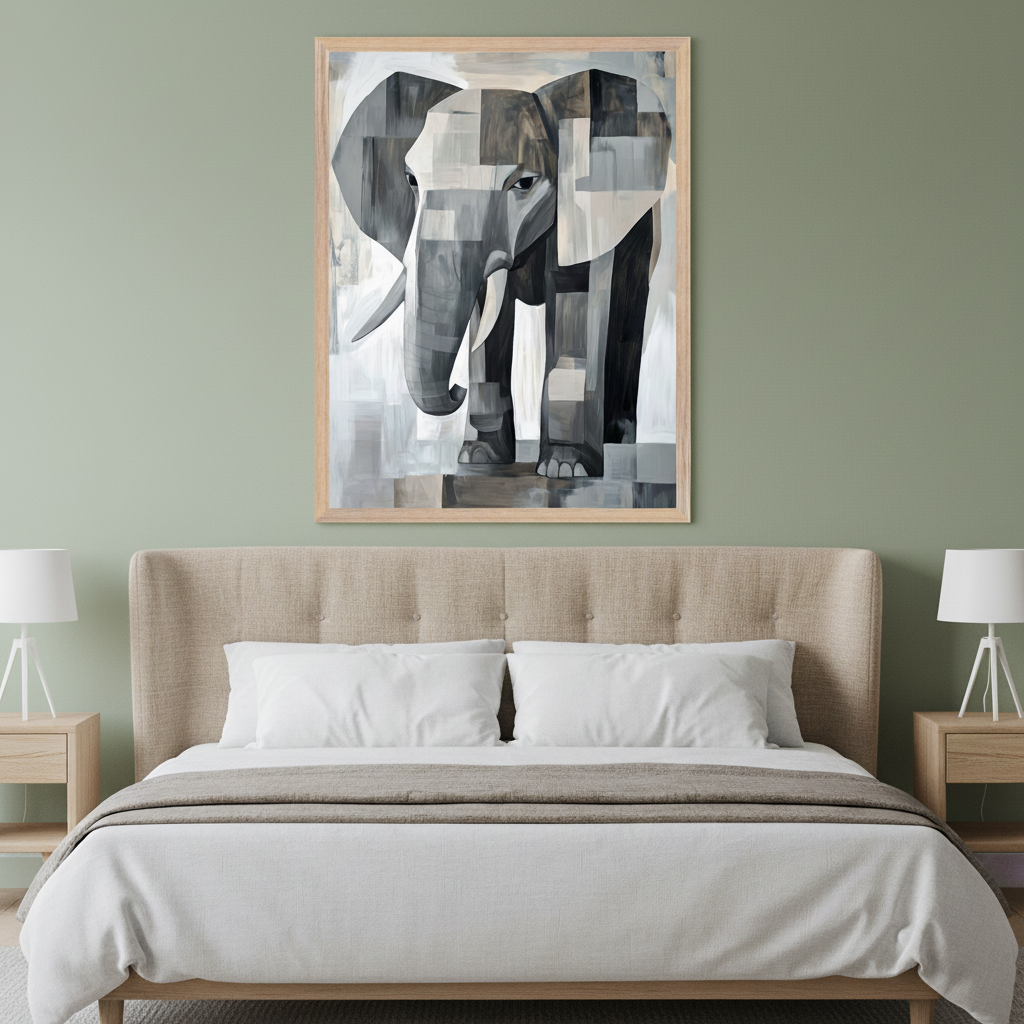 Modern bedroom with a beige upholstered bed and white bedding. Two light wood nightstands with white lamps flank the bed. A large framed abstract geometric painting of an elephant in black, white, and gray hangs centered above the bed.