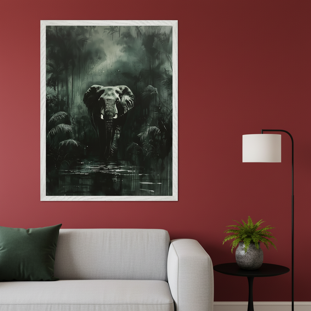 Modern living room with a red wall. A large, white-framed print of an elephant in a dark, illustrative jungle scene hangs above a light gray sofa. A black floor lamp and round side table with a fern are visible on the right.