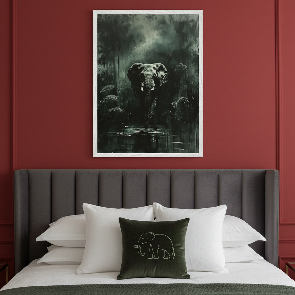 Modern bedroom with red walls and a dark gray upholstered headboard. A large framed print of an elephant emerging from dark water in a lush jungle scene hangs above the bed. A dark green pillow with an elephant outline rests on the bed.