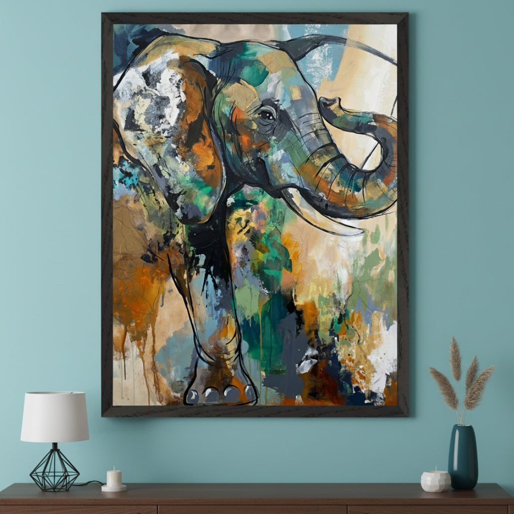Modern living room with a dark brown dresser. A large framed abstract painting of a colorful elephant in a painterly style hangs above the dresser.