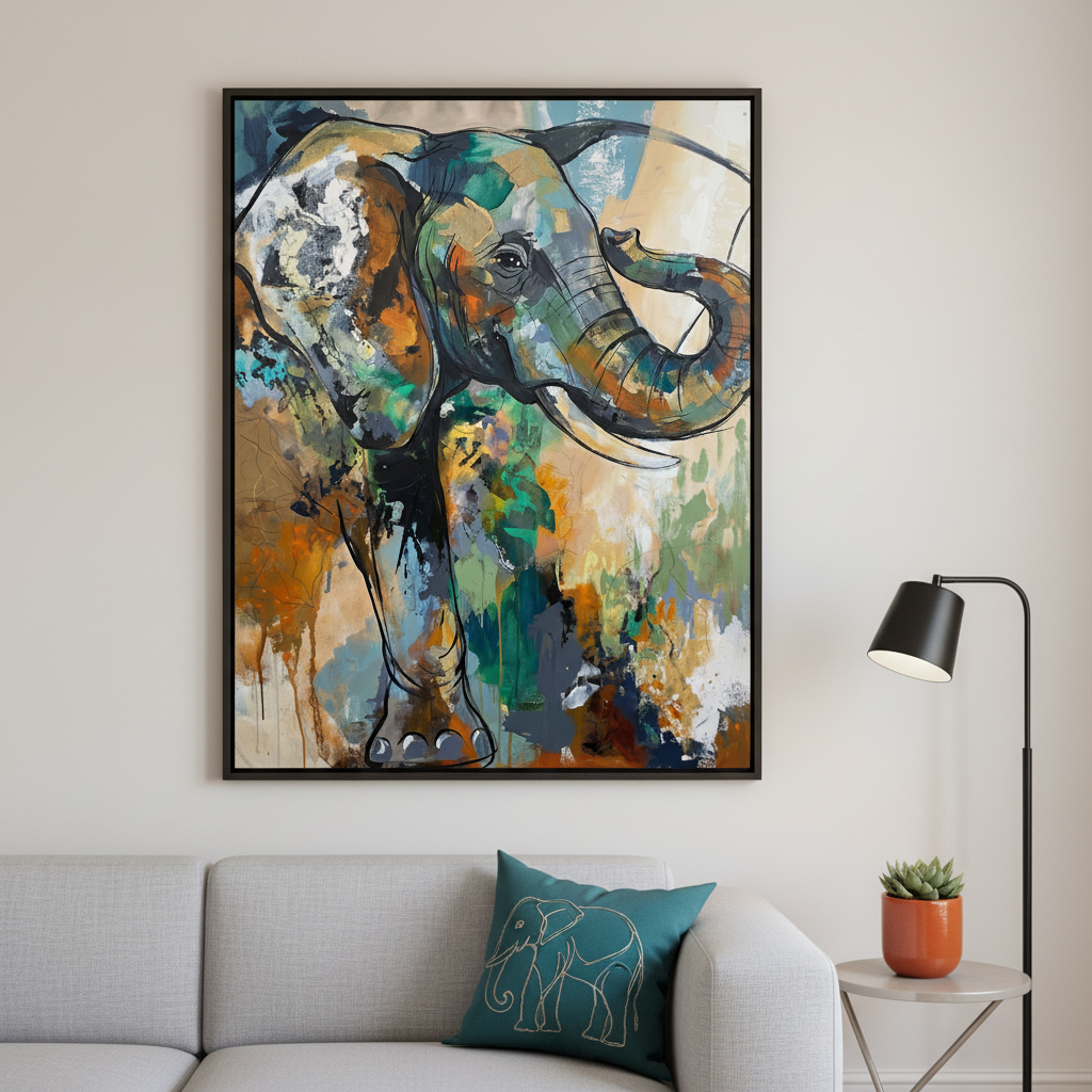 Modern living room with a grey sofa. A large framed abstract painting of a colorful elephant with its trunk raised is centered above the sofa. A black floor lamp, side table, and a teal elephant pillow are also visible.