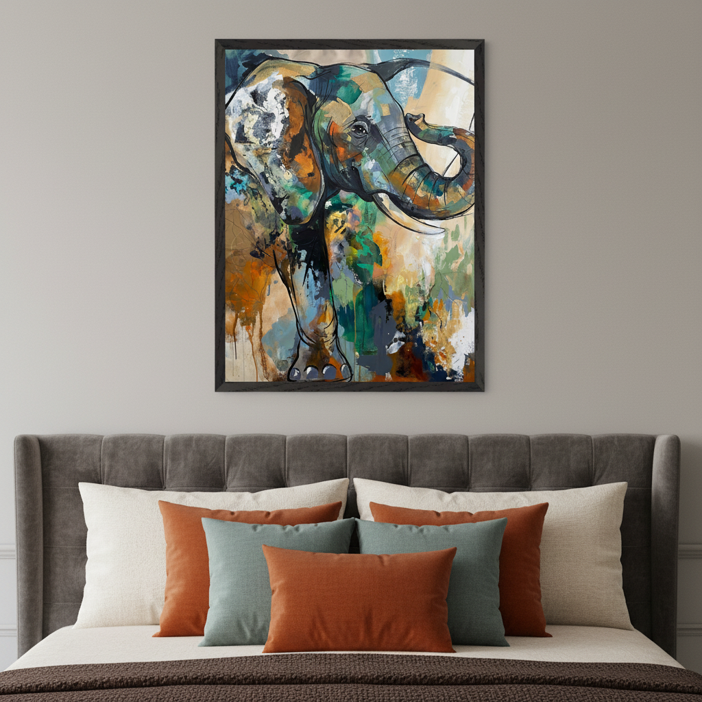 Modern bedroom with a dark gray upholstered bed. A large framed abstract painting of an elephant in greens, oranges, and blues hangs centered above the bed.