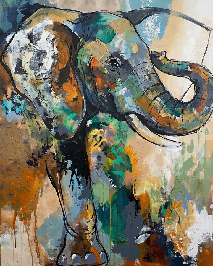 Vivid abstract painting of an elephant with bold brushstrokes in teal, orange, black, and white, blending fluidly across its body. The dynamic composition and dripping paint create a sense of movement and energy.