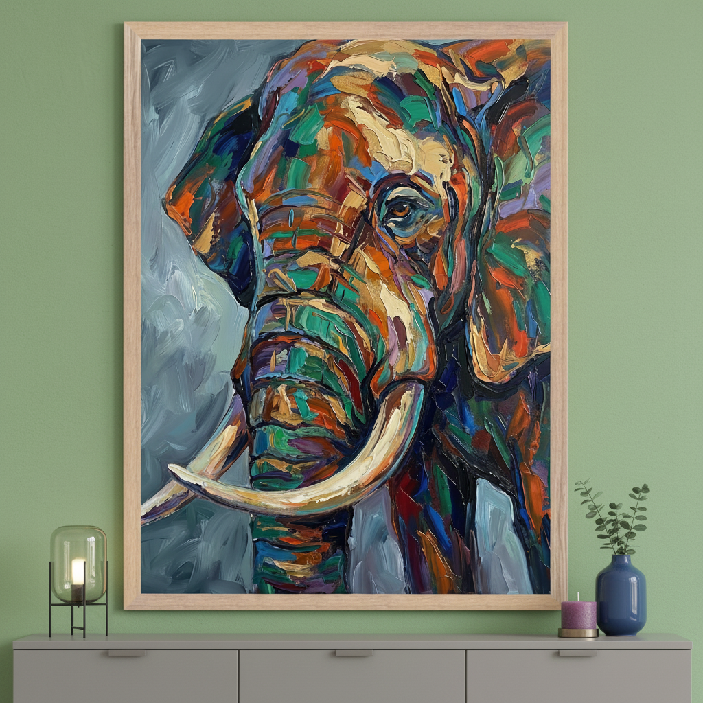 Modern room with a green wall and a gray dresser. A large framed vibrant impasto painting of an elephant with tusks hangs above the dresser. A glass lamp and blue vase are on the dresser.