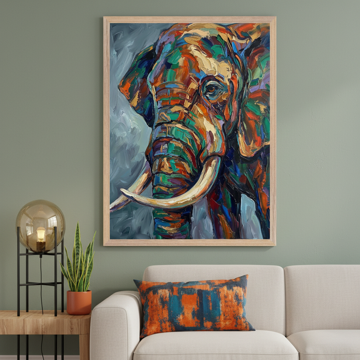 Modern living room with a light-colored sofa. A large framed, colorful palette knife painting of an elephant in orange, blue, green, and gold hangs above the sofa. A wooden side table with a lamp and snake plant is on the left. An abstract patterned cushion is on the sofa.