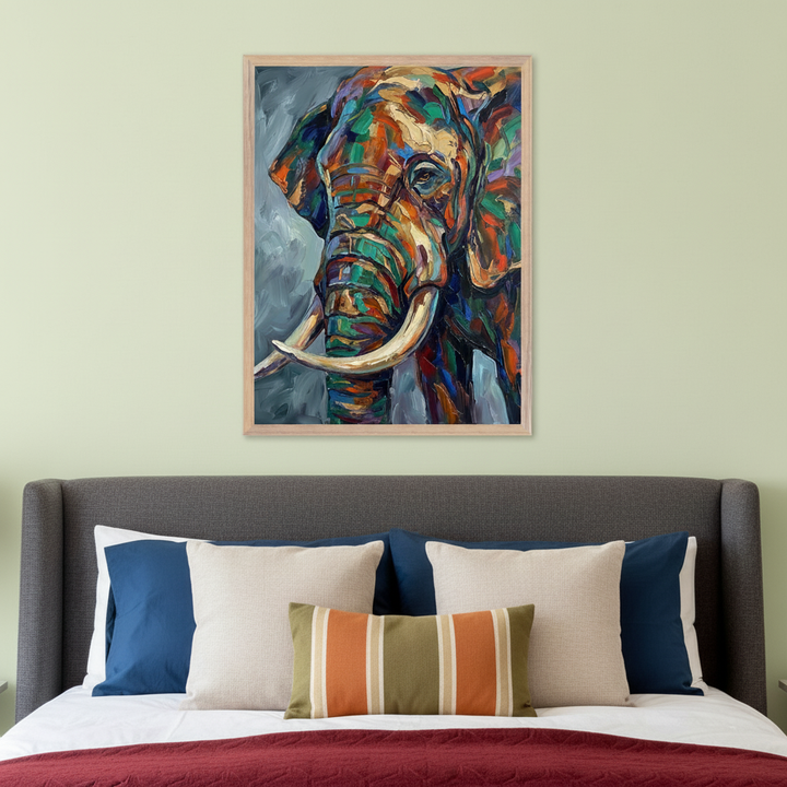 Modern bedroom with a dark gray upholstered bed. Blue, beige, and striped pillows rest on the bed. A large framed, abstract oil painting of a colorful elephant's head with prominent tusks hangs centered above the bed on a light green wall.