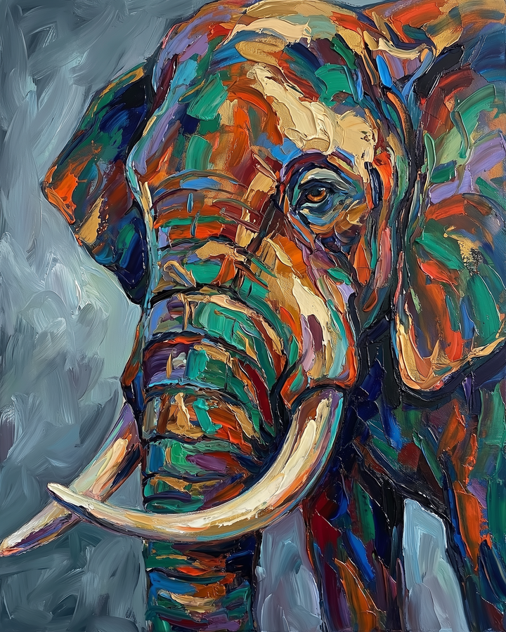 Close-up oil painting of an elephant’s face using thick, vibrant palette knife strokes in red, green, purple, gold, and blue. The intense texture and color blocking give the portrait a dramatic, expressive impact.
