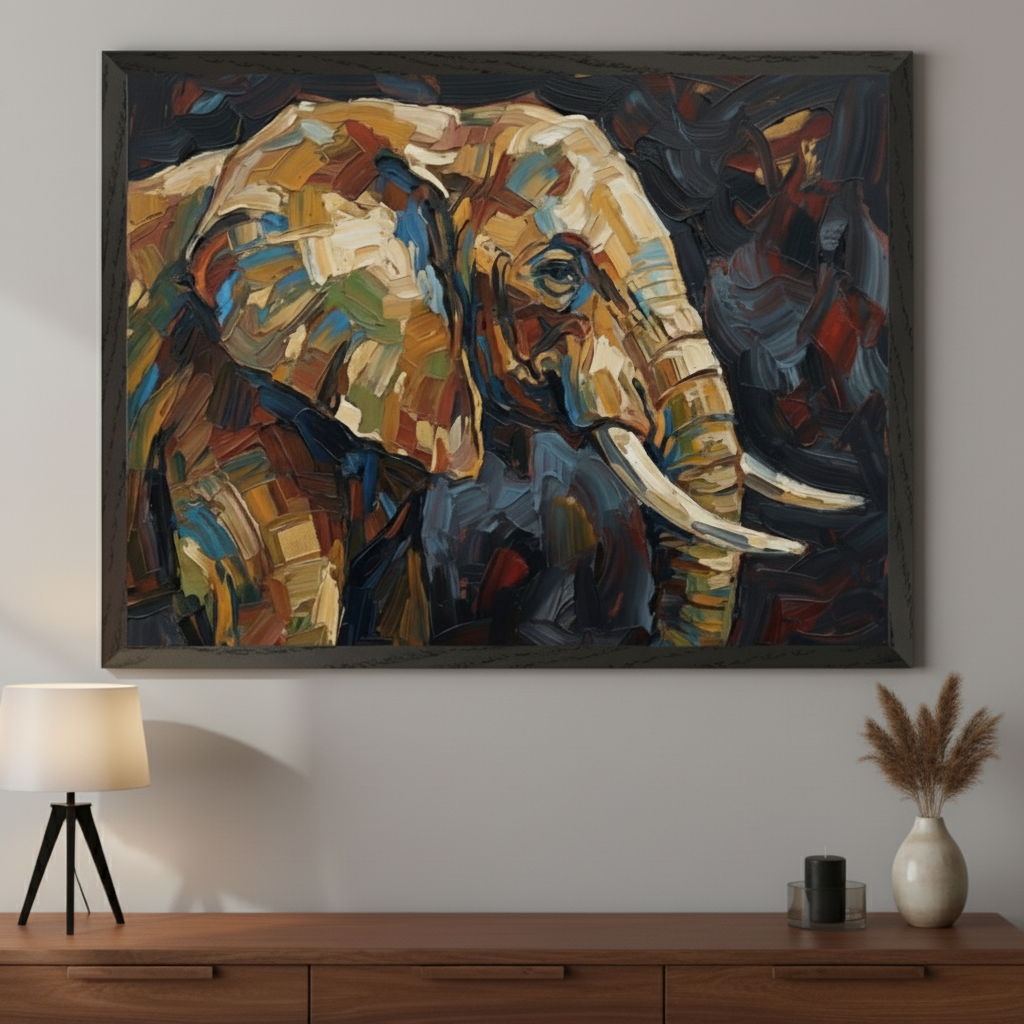 Modern living room with a wooden console table. A large framed impasto painting of an elephant in warm earth tones and blues hangs above the table. A lamp is on the left, a vase with dried grass and a candle on the right.