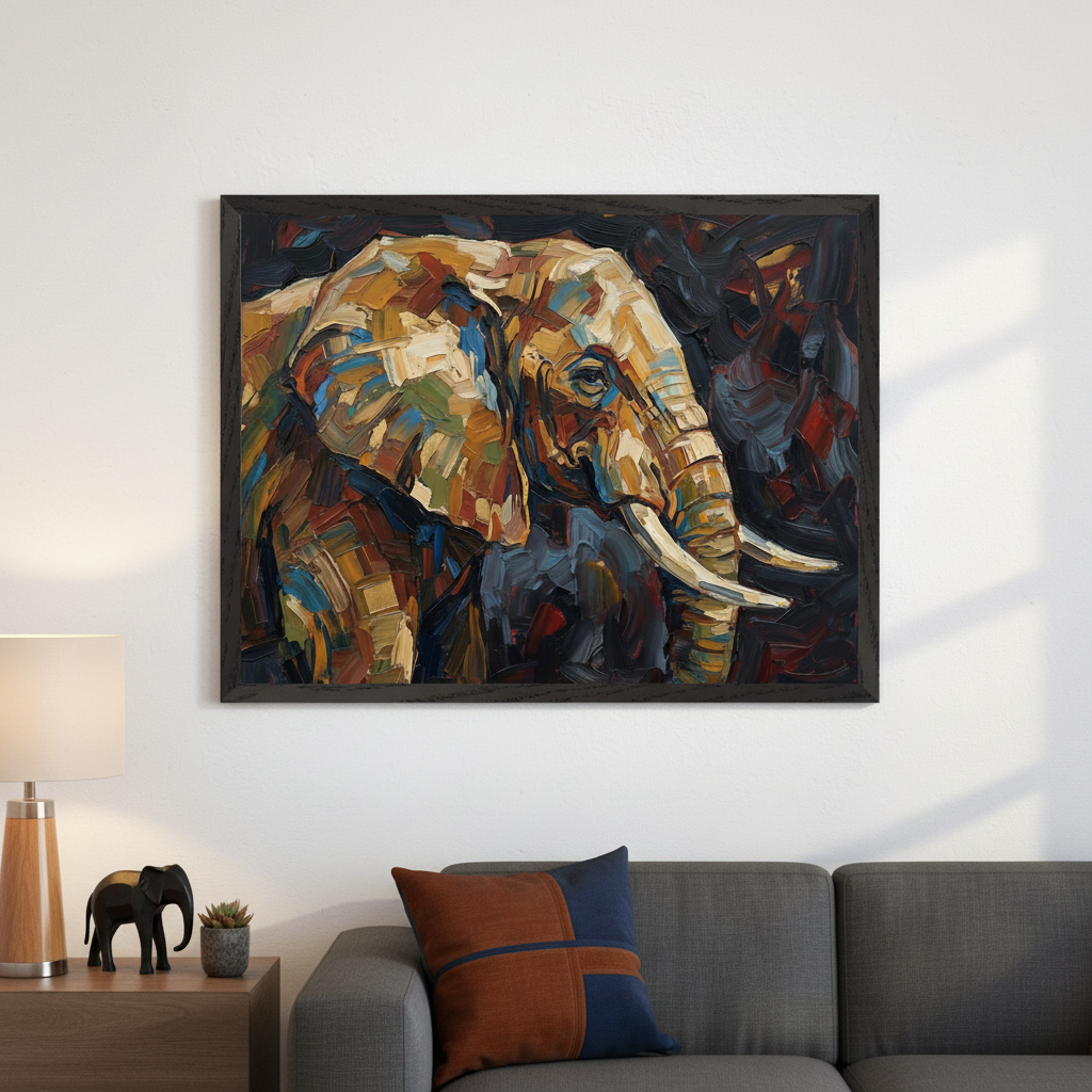Modern living room with gray sofa and wooden side table. A large, dark-framed, colorful impasto painting of an elephant hangs above the sofa. It features textured brushstrokes in warm and cool tones against a dark background.