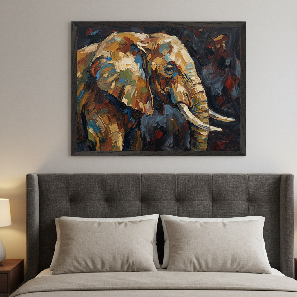 Modern bedroom with a gray tufted upholstered headboard and a bed with light pillows. A large framed, colorful impasto painting of an elephant's head with tusks hangs centrally above the headboard.