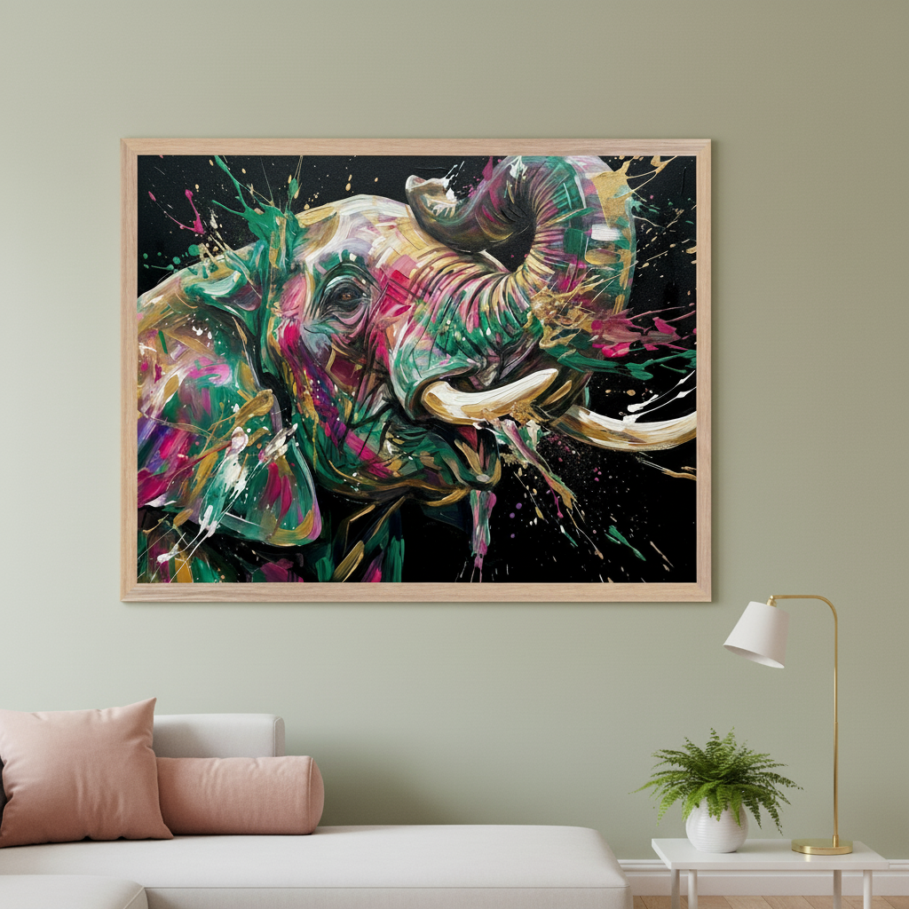 Modern living room with a white sectional sofa. Above the sofa, a large framed abstract painting features a vibrant, splatter-paint style elephant with a raised trunk. Pink pillows and a gold table lamp with a plant on a side table complete the scene.