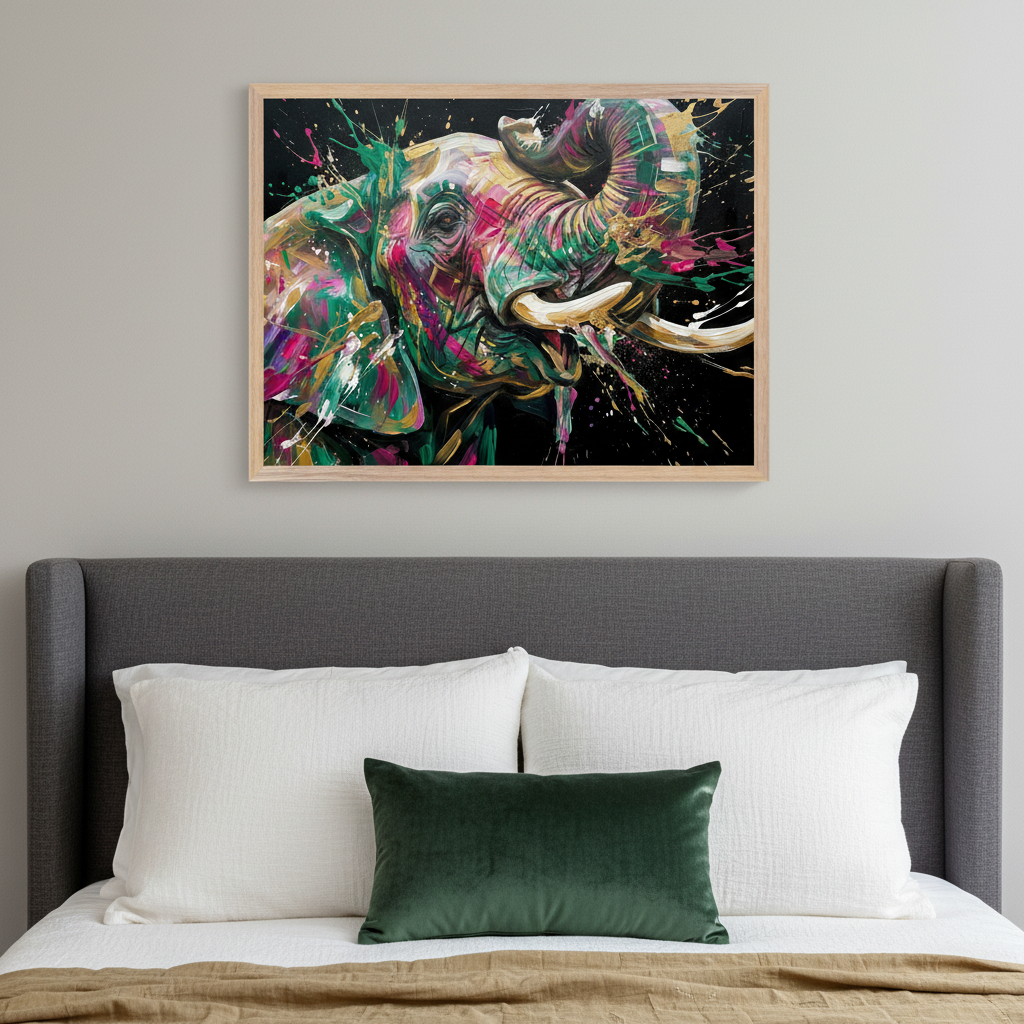 Modern bedroom with a gray upholstered bed, white and green pillows. A large framed colorful abstract splatter paint artwork of an elephant with tusks on a black background hangs centered above the bed.