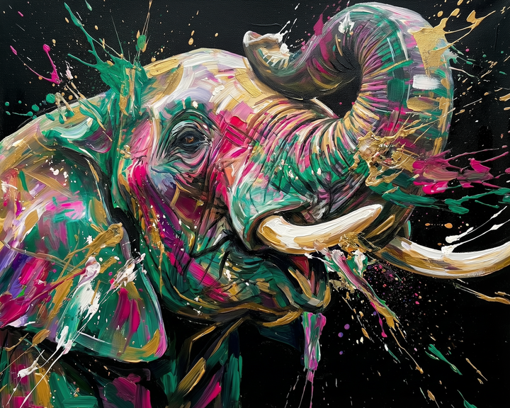 Vivid abstract painting of an elephant with neon pink, green, and gold paint splashes, set against a stark black background to emphasize movement and energy.
