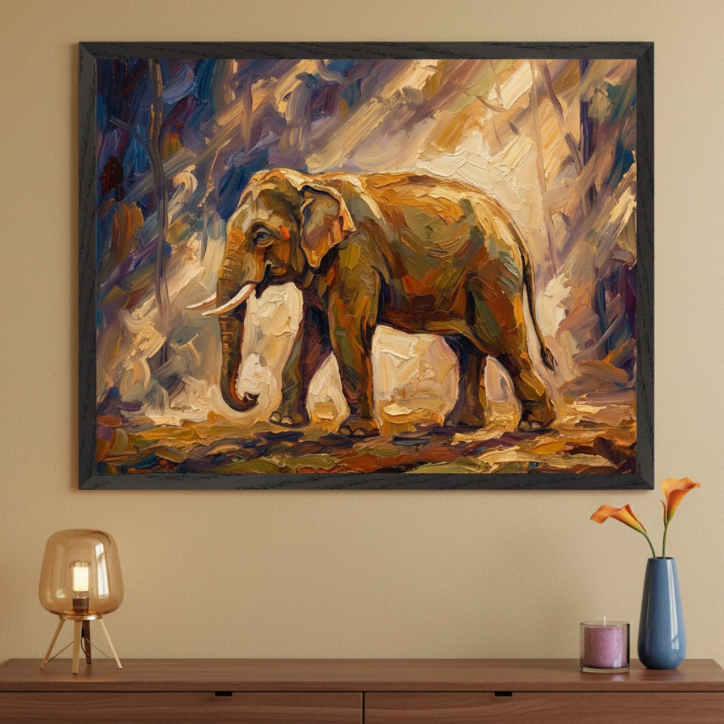 Modern living room with a dark wooden credenza. A large framed textured painting of an elephant walking through a sunlit forest hangs centered above the credenza. A modern lamp, vase with flowers, and candle decorate the credenza.