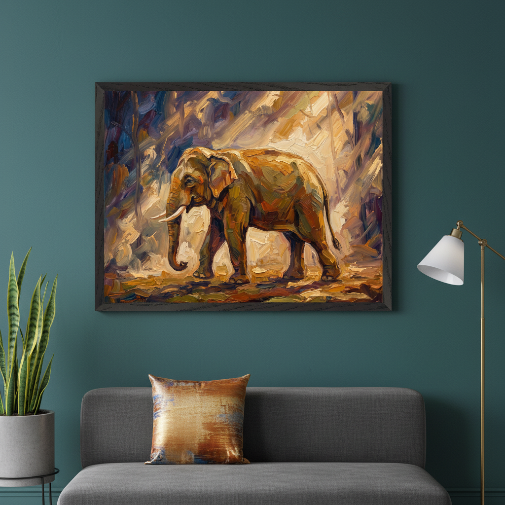 Modern living room. A large framed textured painting of an elephant walking in a sunlit forest hangs centered above a gray sofa. A gold pillow, snake plant, and brass floor lamp are visible.