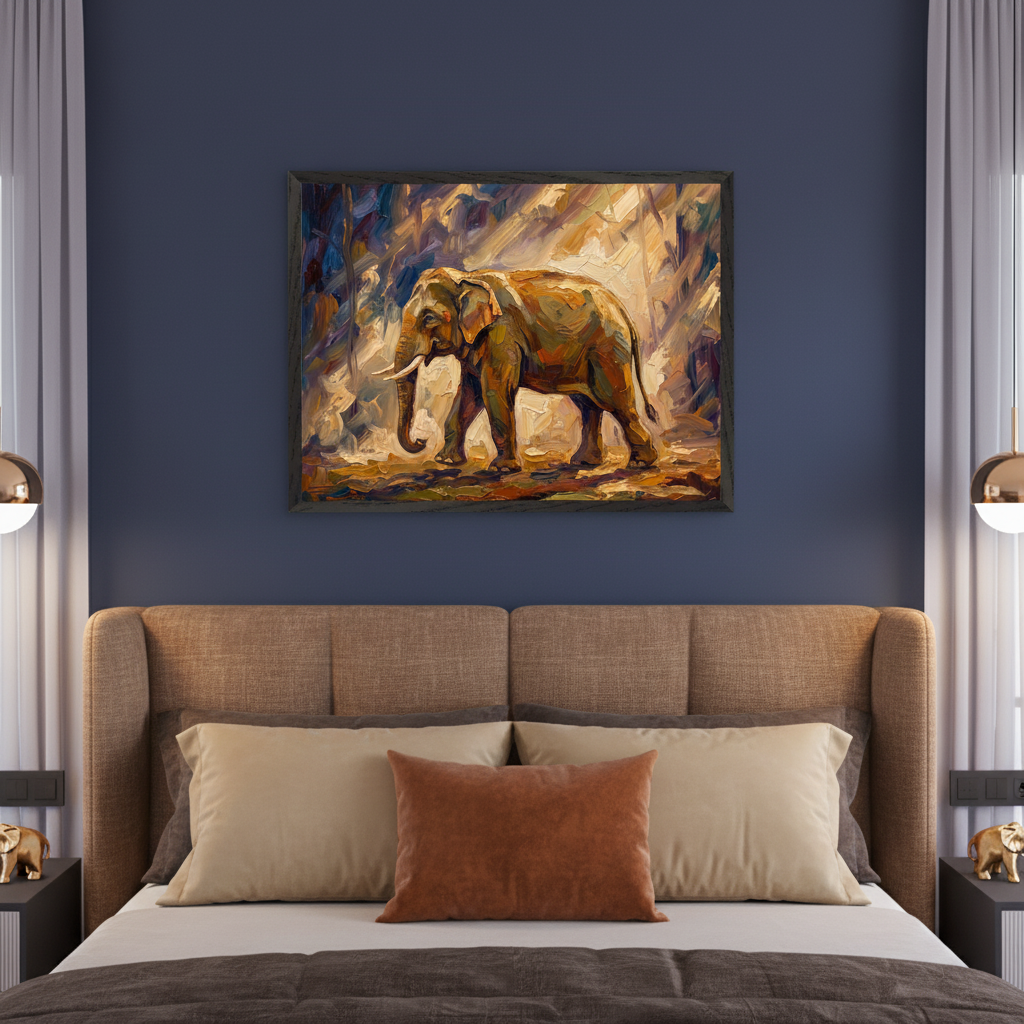Modern bedroom with a brown upholstered bed. A large framed oil painting of an elephant walking through a sunlit forest, rendered in an impasto style, hangs centered above the bed.