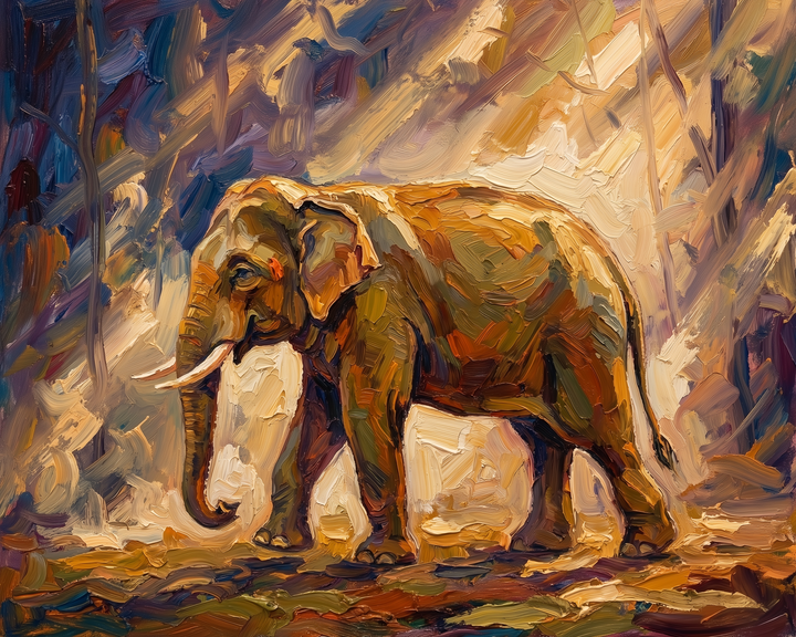 Impressionist-style painting of an elephant walking through a forest, with sunlight streaming in and casting warm golden hues across the scene for a serene and majestic effect.