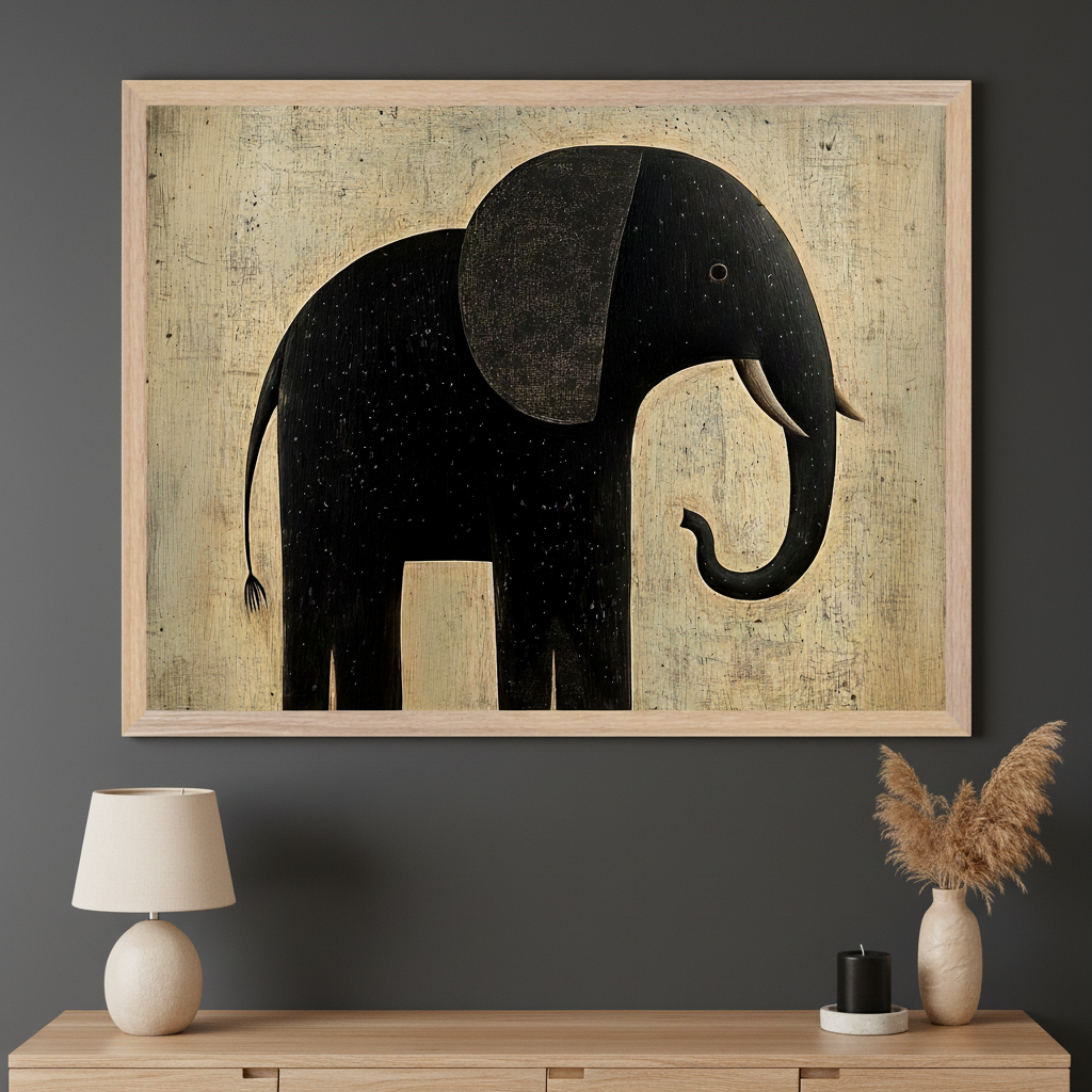 Modern living room with a dark gray wall. A large framed black elephant artwork in a textured, minimalist style with a pale gold background hangs above a light wood dresser. A cream lamp and dried pampas grass are on the dresser.