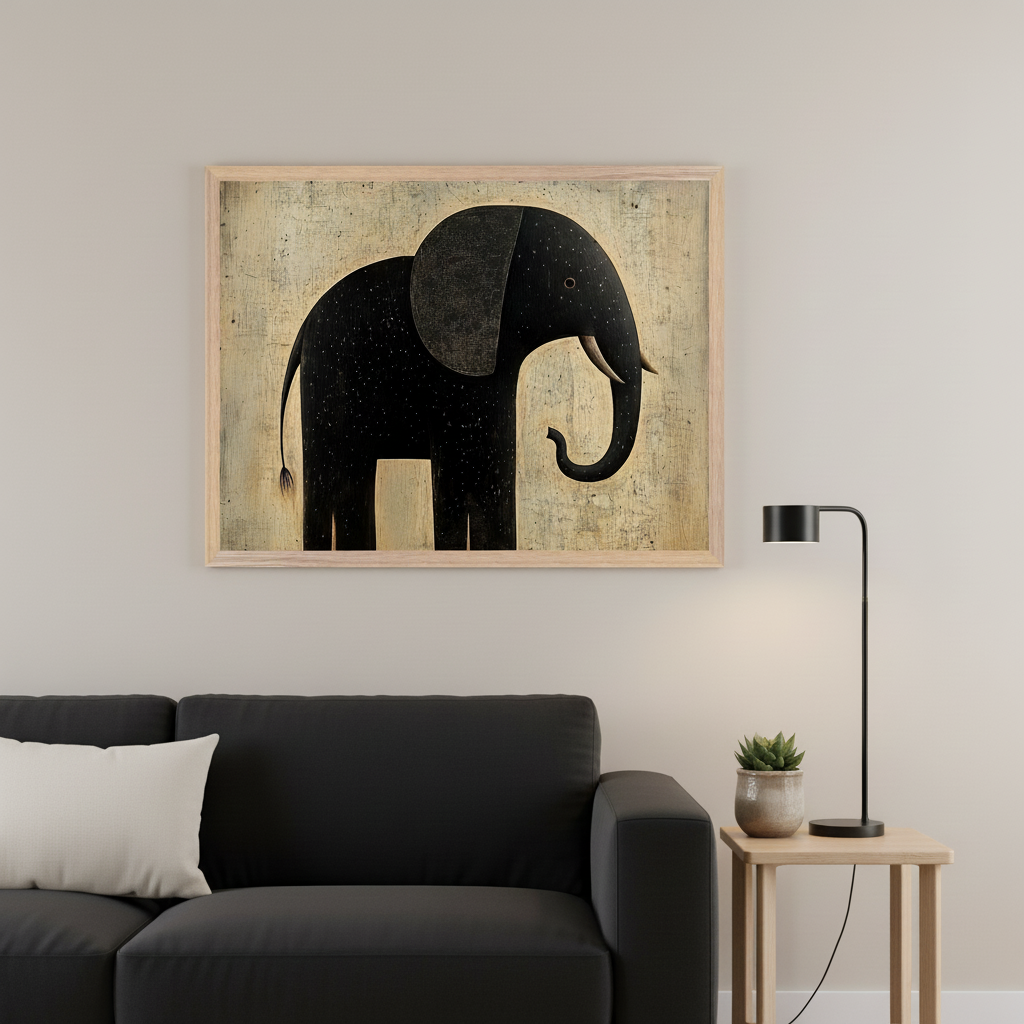 Living room with a black sofa and wooden side table. A large framed print of a stylized black elephant on a textured light background hangs above the sofa. A black floor lamp and a potted plant are on the table.