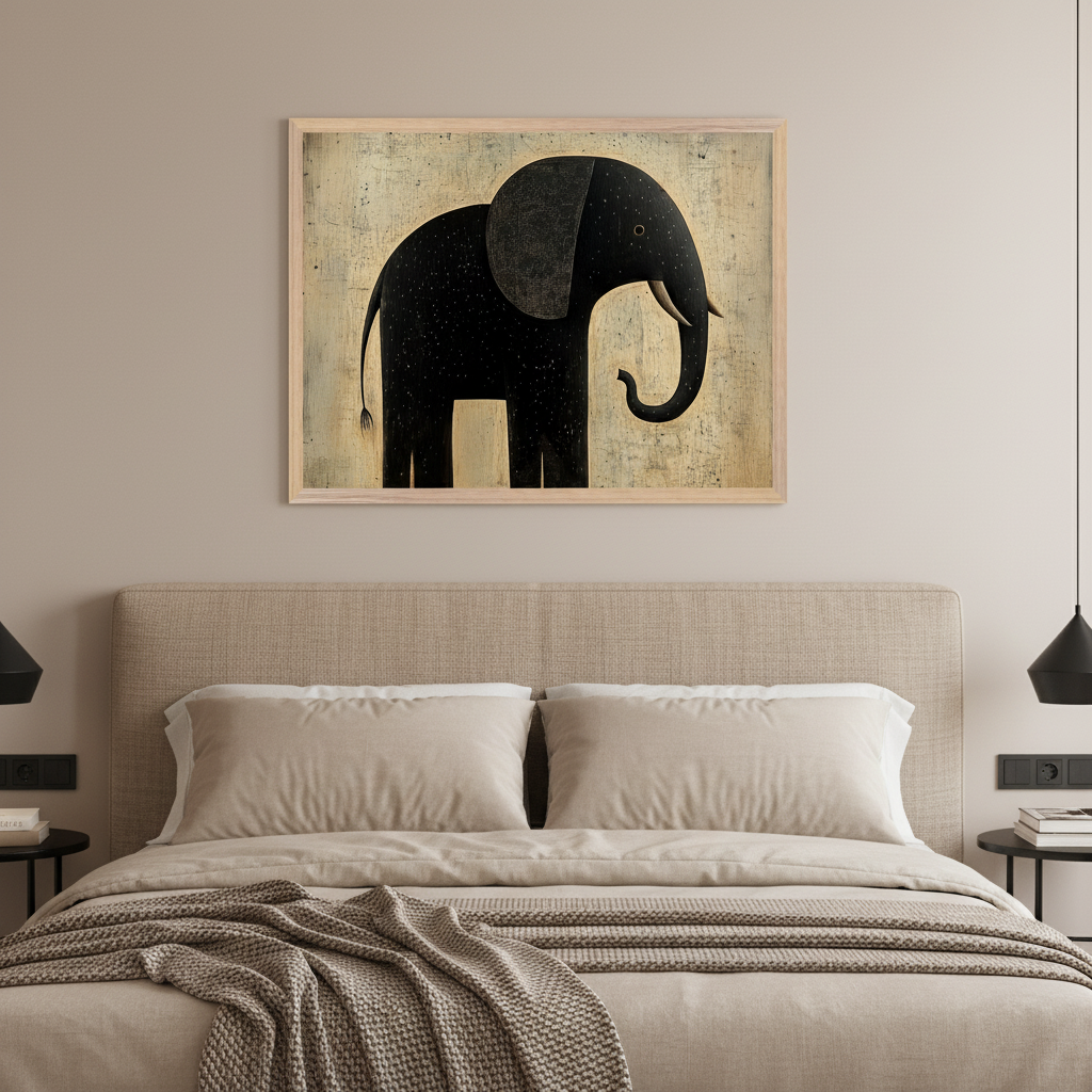Modern bedroom with a beige upholstered bed. A large framed artwork depicting a stylized black elephant with a tusk and trunk, on a distressed light background, hangs centered above the bed.