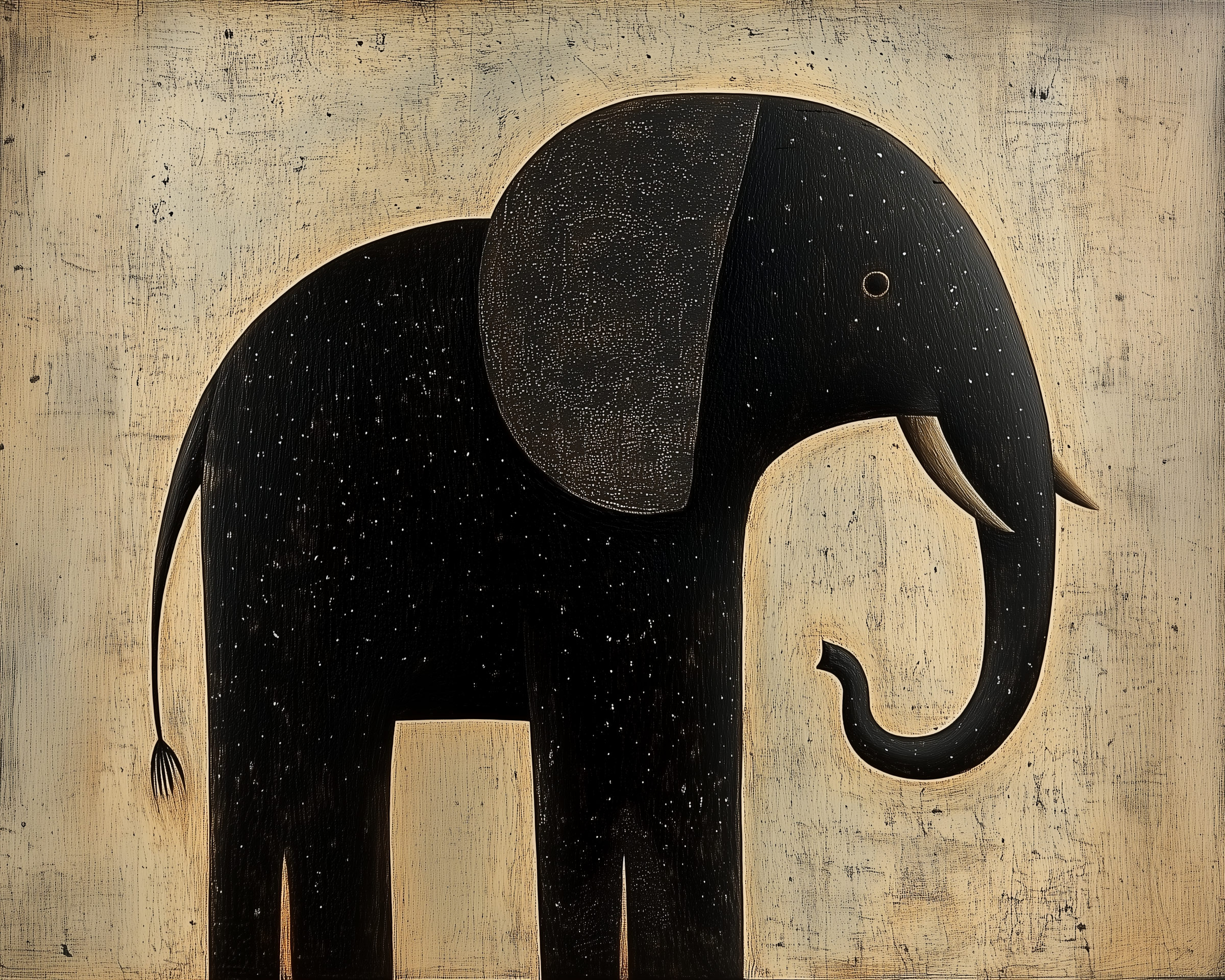 Whimsical artwork of a black elephant with simple dotted textures and curved features, set against a rustic beige backdrop for a hand-carved look.