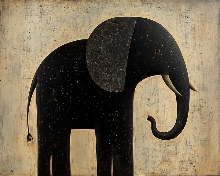 Whimsical artwork of a black elephant with simple dotted textures and curved features, set against a rustic beige backdrop for a hand-carved look.