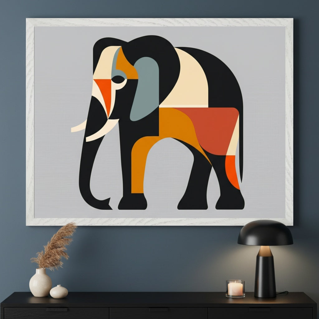 Modern living room with a large, white-framed abstract geometric elephant print centered above a black console table. The elephant uses black, white, orange, beige, and blue-grey shapes. A black lamp, vase with pampas grass, and candle are on the table.c