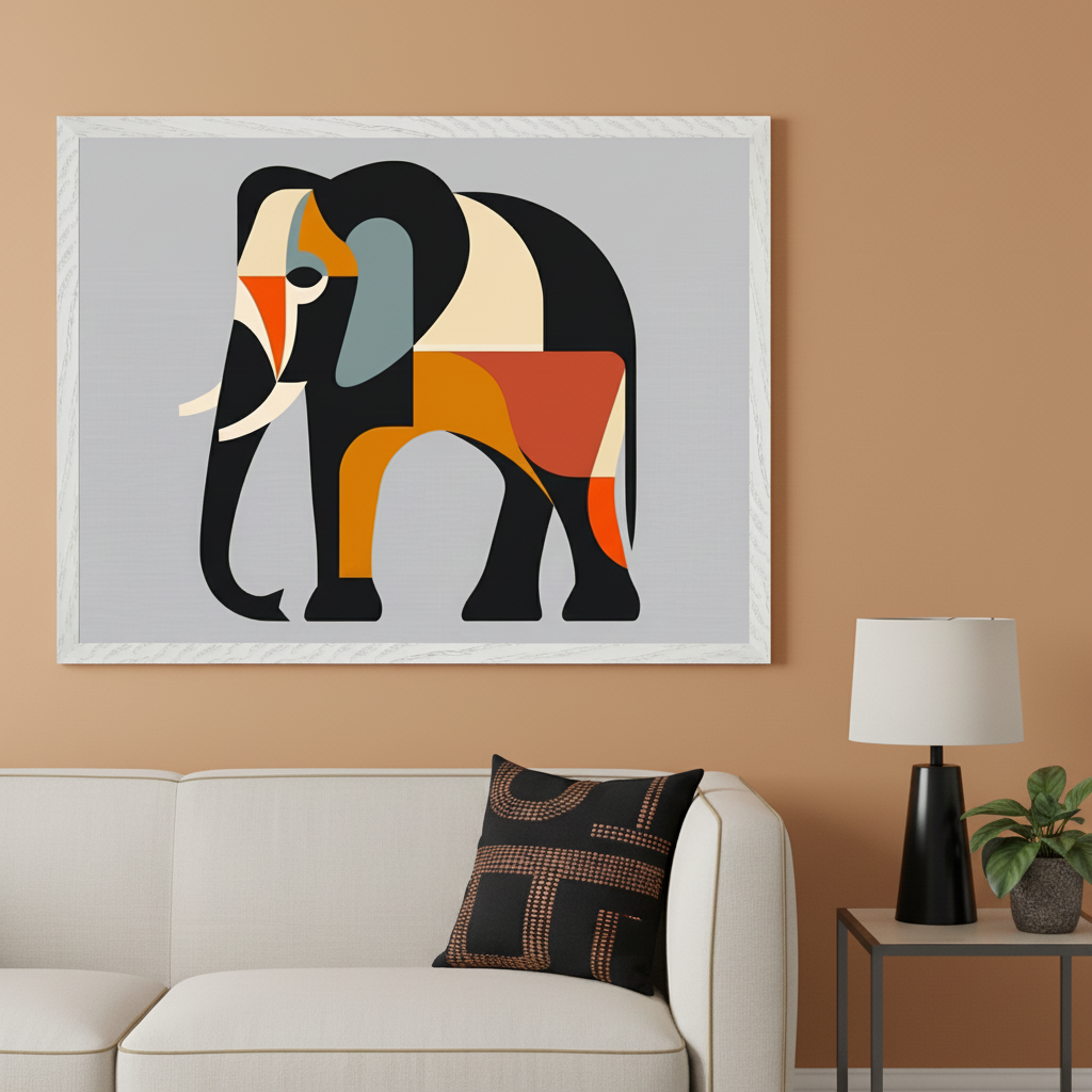 Modern living room with a light-colored sofa and decorative pillow. A large framed print of a geometric elephant in black, cream, blue, orange, and red hangs above the sofa. A black lamp and plant are on a side table.
