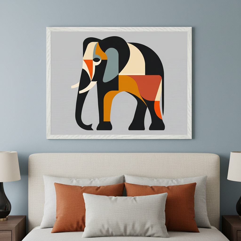 Modern bedroom with a bed, light headboard, and rust/gray pillows. A large white-framed print depicting a geometric elephant in black, orange, and gray shapes hangs centered above the bed.