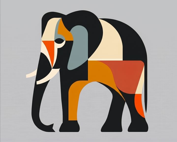Modern vector-style elephant illustration using bold, geometric shapes in a muted color palette of orange, beige, black, and gray on a soft gray background.