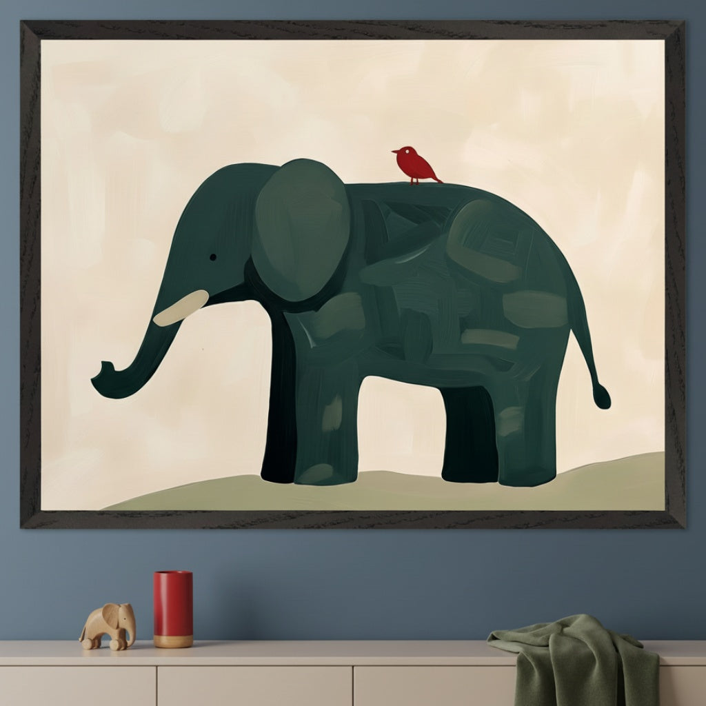 Modern room with a light-colored dresser against a blue wall. A large framed print of a textured, dark green elephant with a red bird on its back hangs above the dresser. A wooden elephant and a red container are on the dresser.