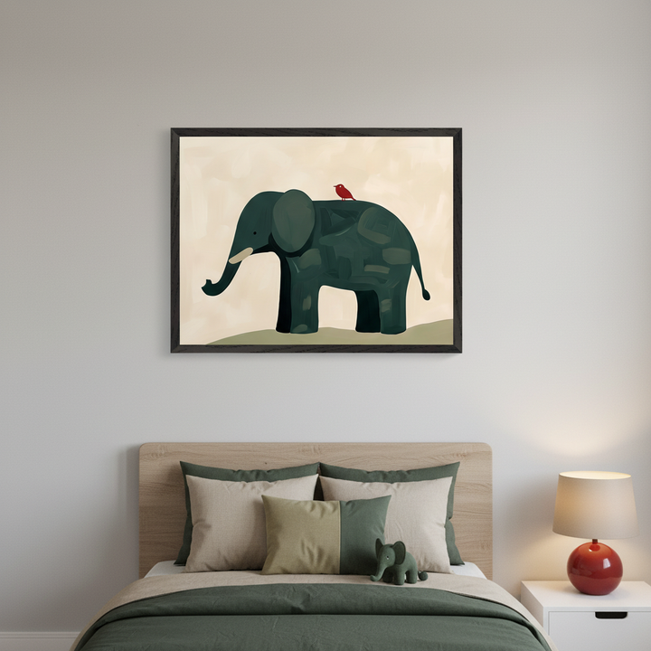 Modern bedroom with a bed and wood headboard. A large framed stylized painting of a dark green elephant with a red bird on its back hangs centered above the bed.