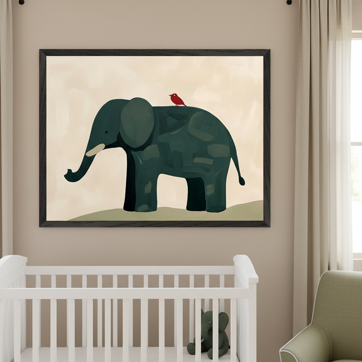 Modern nursery with a white crib and a green armchair. A large framed painterly print of a dark green elephant with a red bird on its back hangs centered above the crib. An elephant toy is in the crib.