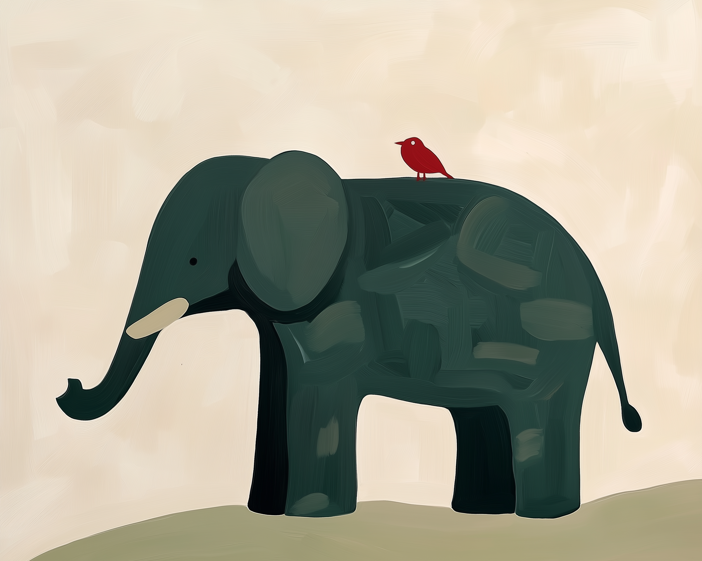 Childlike painted image of a dark green elephant with a red bird perched on its back, against a soft beige background. The whimsical design is perfect for playful and educational content for kids.