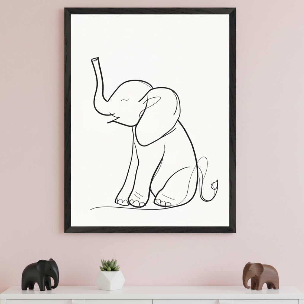 Kid's room with a light pink wall. A black-framed white print of a minimalist black line drawing of a baby elephant sitting with its trunk up hangs above a white dresser. The dresser holds a black elephant figurine, a succulent, and a wooden elephant figurine.