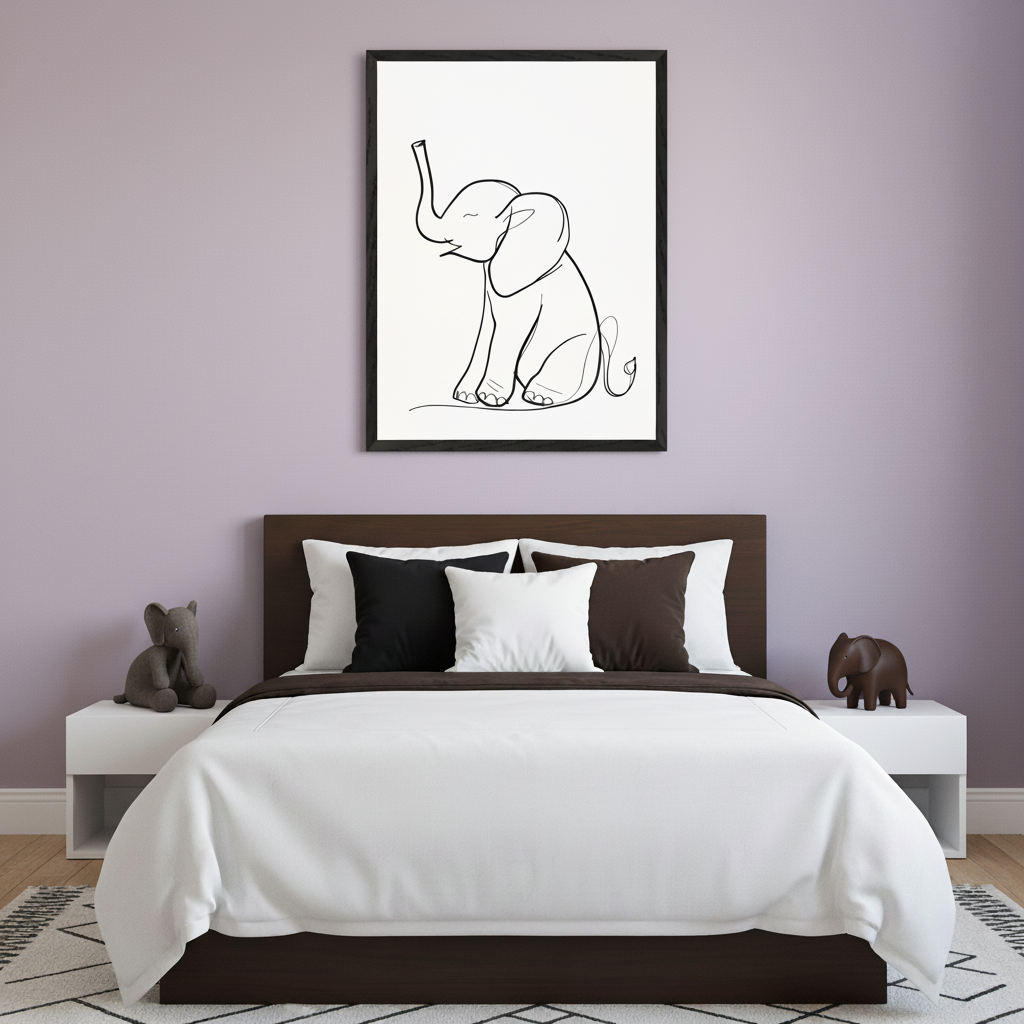 Modern kid's bedroom with a brown bed, white bedding, and elephant decor on nightstands. A framed black line art drawing of a sitting baby elephant with a raised trunk hangs centered above the bed against a purple wall.