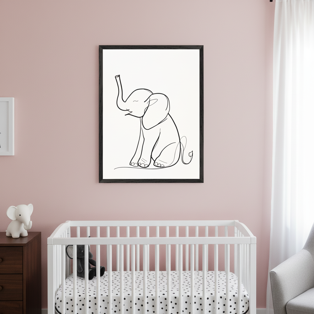 Modern nursery with pink wall. White crib, dark wooden dresser to its left, and a gray armchair to its right. Above the crib hangs a black-framed print of a sitting baby elephant in black line art.