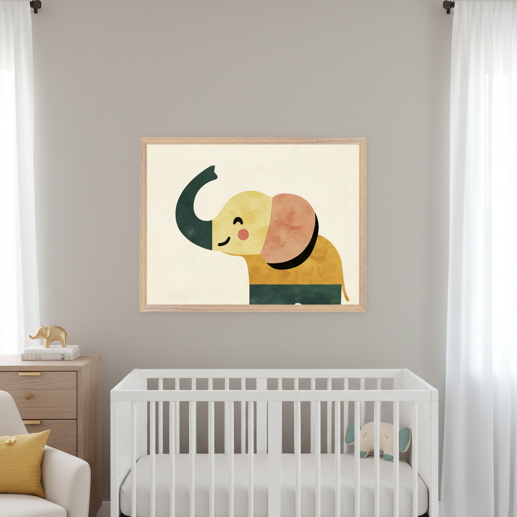 Modern nursery with a white crib, light wood dresser, and cream armchair. A large framed print of a smiling, abstract, colorful elephant hangs centered above the crib.