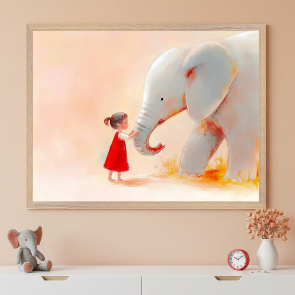 A young girl reaches out to an elephant in a softly blended, watercolor-style scene with glowing pink and orange hues. The gentle connection and soothing palette create a magical, storybook moment above the dresser.