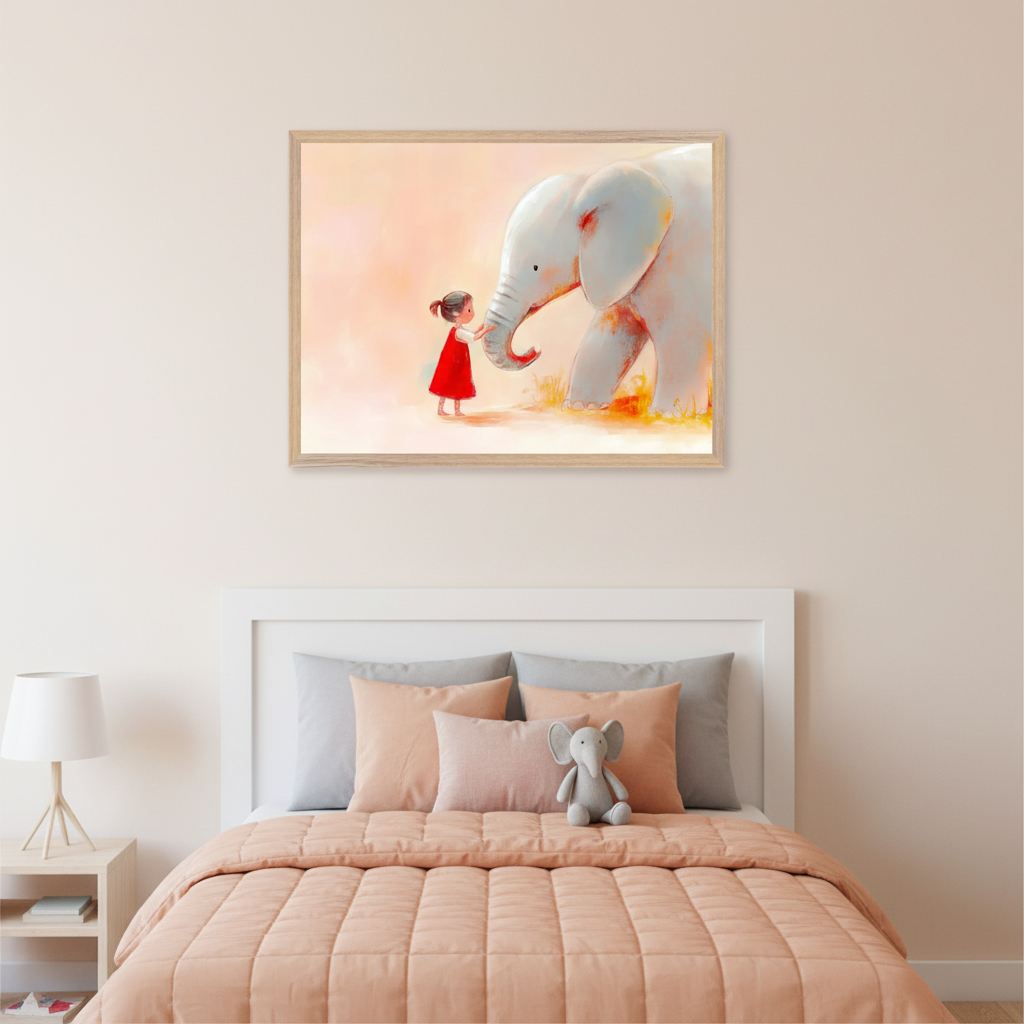 Kid's bedroom with a white bed, peach bedding, and a wooden nightstand. A large framed illustrative print of a small girl in a red dress touching a large white elephant's trunk hangs centered above the bed.