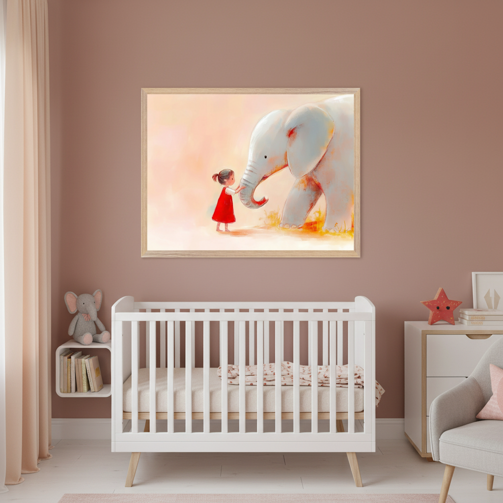 Modern nursery with a white crib and dresser against a dusty rose wall. A large framed painting depicting a small girl in a red dress reaching out to a white elephant hangs centered above the crib.