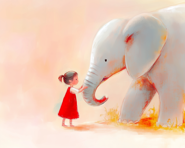 A whimsical illustration shows a young girl in a red dress gently touching the trunk of a large, friendly elephant. The background is a soft blend of pastel hues, adding to the enchanting and serene atmosphere.