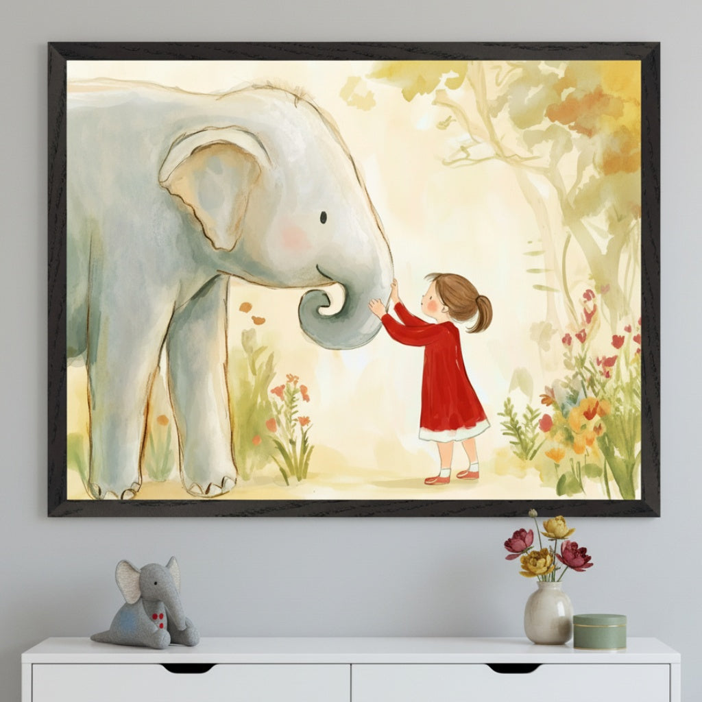 Young girl and an elephant share a quiet moment in a whimsical forest, surrounded by soft foliage and pastel-colored blooms. The tender scene creates a sense of wonder and connection in this charming nursery space.