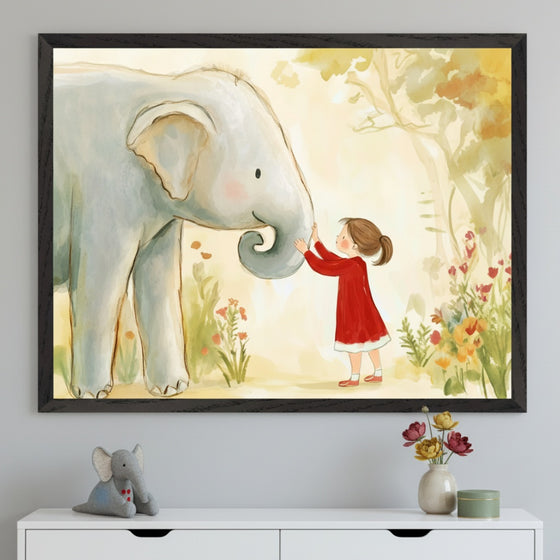 Young girl and an elephant share a quiet moment in a whimsical forest, surrounded by soft foliage and pastel-colored blooms. The tender scene creates a sense of wonder and connection in this charming nursery space.