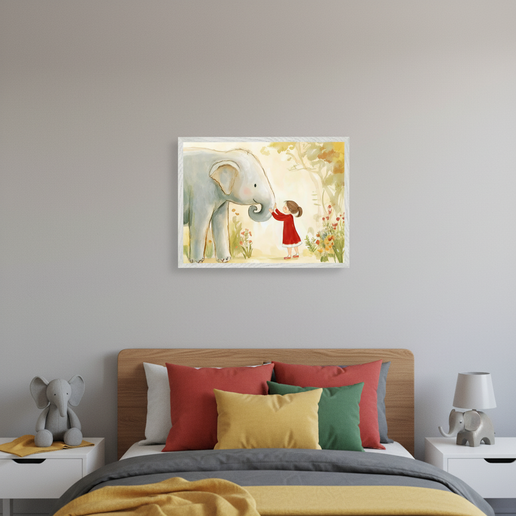 Kid's bedroom with a wooden bed, grey duvet, and red, yellow, green pillows. White nightstands with an elephant plush and lamp flank the bed. Centered above the bed is a framed watercolor painting of a gray elephant and a girl in a red dress touching trunks in a flower field.